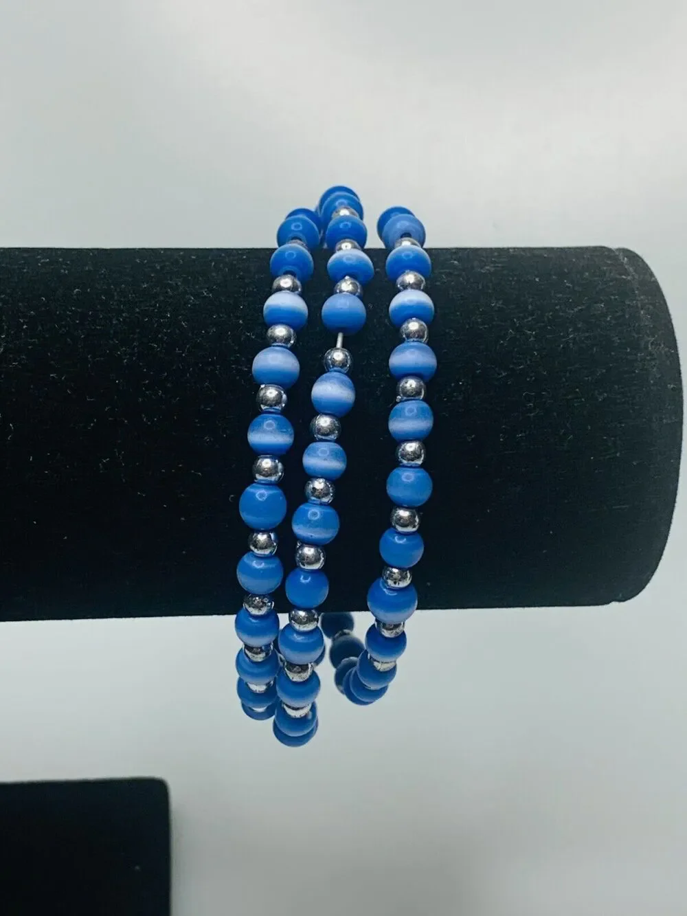 Light Blue Glass Bead Memory Wire Bracelet, One Size Fits All